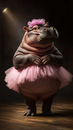 Hippo in a ballet tutu, performing on stage, humorous and whimsical conceptの素材