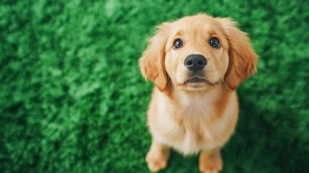 A playful golden retriever puppy sitting on a green lawn, bathed in soft natural light, with fluffy fur and expressive eyesの素材