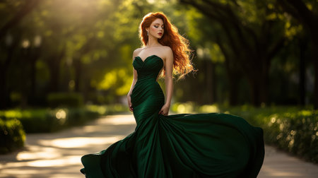 A striking red-haired woman in an emerald green satin gown with a flowing train, standing in a sunlit park during golden hourの素材
