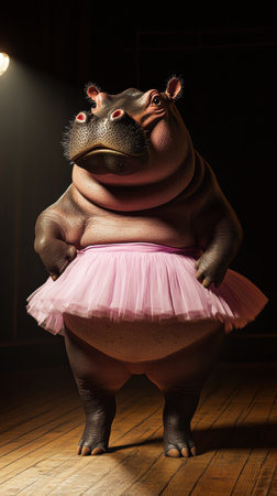 Hippo in a ballet tutu, performing on stage, humorous and whimsical conceptの素材