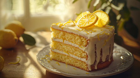 Lemon Drizzle Cake with Zesty Glaze and Candied Slicesの素材