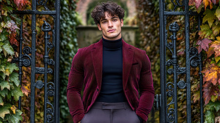 A man in a maroon corduroy jacket and charcoal trousers, standing confidently by a vintage wrought-iron gate with ivy-covered wallsの素材