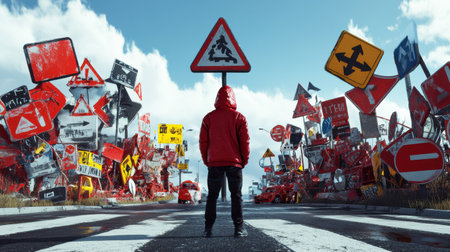 Individual at a crossroads, perplexed by conflicting direction signs, embodying deep confusionの素材