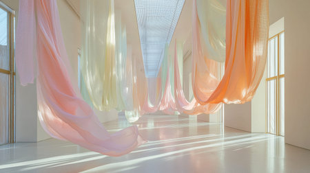 Dozens of pastel fabrics float in a bright, modern gallery, creating a dreamlike textile art installationの素材