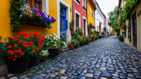 A vibrant cobblestone street in a European old town, featuring colorful facades and blooming flower boxes in warm afternoon light.の素材