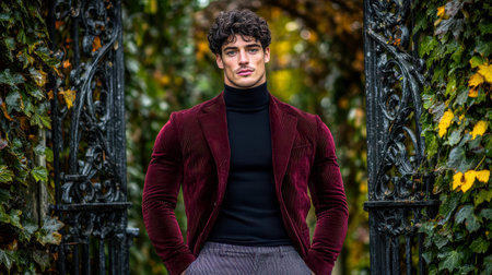 A man in a maroon corduroy jacket and charcoal trousers, standing confidently by a vintage wrought-iron gate with ivy-covered wallsの素材