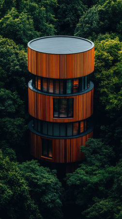 Forest-inspired cylindrical design wrapped in wood, harmonious and organicの素材