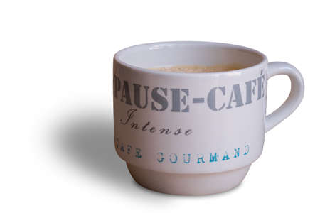 Hot coffee mug on a wood tableの写真素材