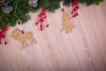 Christmas ornaments with holly, pine tree and heartsの写真素材