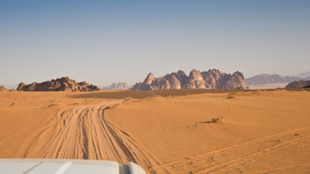 The desert at morning - view from the car - Wadi Rum - Jordanの写真素材