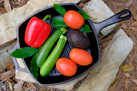 Fresh garden grown vegetables prepared for cooking on panの写真素材