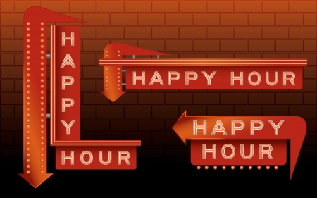 Happy hour bar signs with neon and lightsのイラスト素材