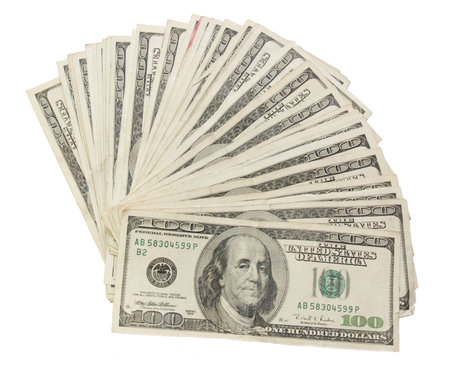 Large stack of one hundres dollar bills, fanned out.