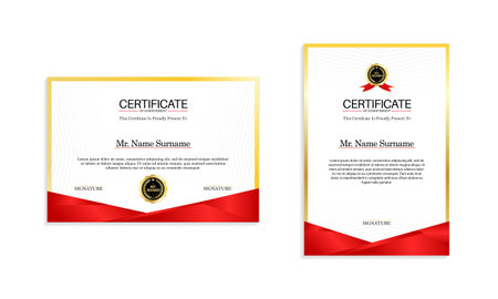Red and gold certificate border template with luxury badge and modern line pattern. For appreciation, business and educational needsのイラスト素材