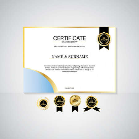 Certificate of appreciation template, gold and blue color. Clean modern certificate with gold badge. Certificate border template with luxury and modern line pattern. Diploma vector templateのイラスト素材