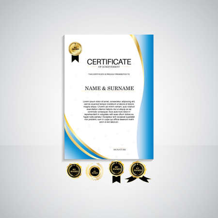 Certificate of appreciation template, gold and blue color. Clean modern certificate with gold badge. Certificate border template with luxury and modern line pattern. Diploma vector templateの写真素材