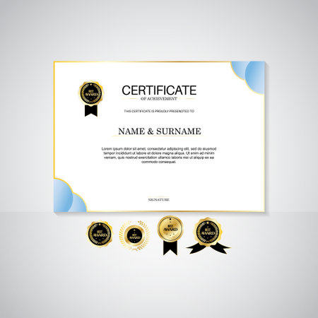 Certificate of appreciation template, gold and blue color. Clean modern certificate with gold badge. Certificate border template with luxury and modern line pattern. Diploma vector templateの写真素材