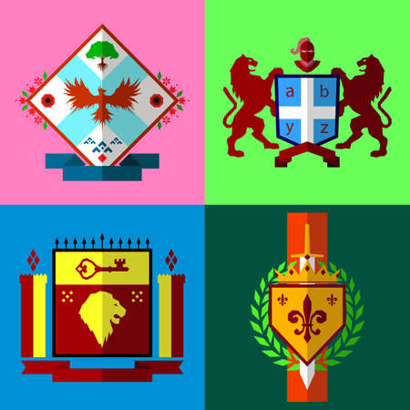Set of four coat of arms in "low poly" style vector illustration, heraldic emblemsのイラスト素材