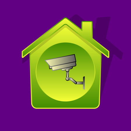 Icon-style illustration of security camera inside of green-gradient house, smart house symbolのイラスト素材