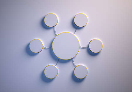 Blank template of radial disc-shaped infographic elements, main disc in the center and six little discs around tied to it with realisticly hanging ropes, 3d render, white backdropの写真素材
