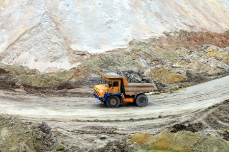 heavy machinery works in industrial quarryの写真素材