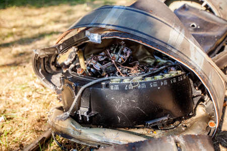 Electronic stuffing of damaged ballistic missile after it fell, tactical missile complex Tochka U (Point U or Scarab B in NATO classification), war actions aftermath, Ukraine and Donbass conflictの写真素材