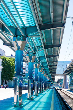 New railway station platform with canopy and benches, Donetsk, summer 2012, Ukraine