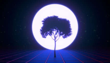 A tree in the virtual space, blue tintの写真素材