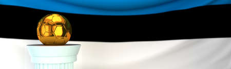 Golden football (soccer) ball stands on pedestal in front of Estonia flag, 3D render illustration with depth of fieldの写真素材