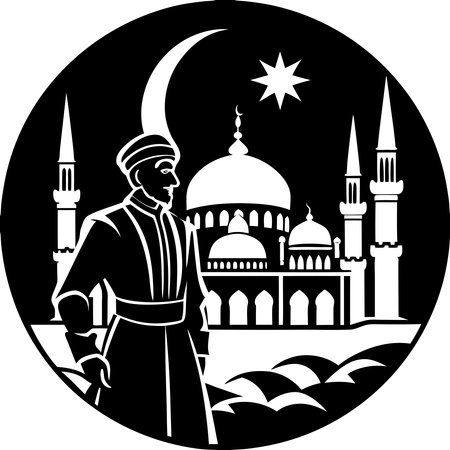 Illustration of a muslim man with mosque and moon in backgroundのイラスト素材