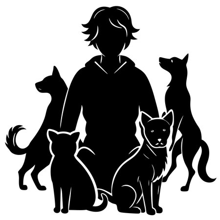 Vector image of a woman and her pets. Black silhouette on a white background.のイラスト素材