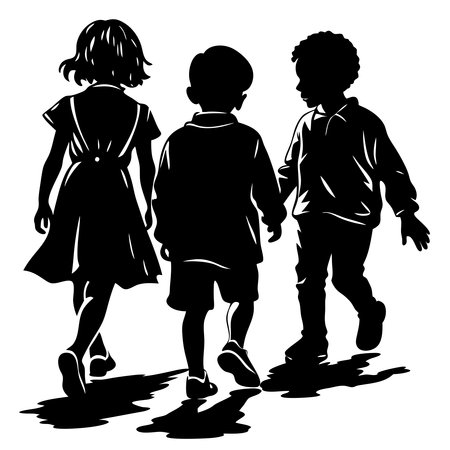 Children, boys and girls walking on a white background. Vector illustration.のイラスト素材