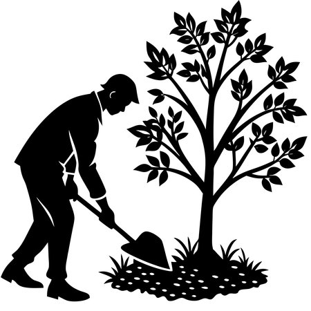 Gardener with a shovel and a tree. Vector illustration.のイラスト素材