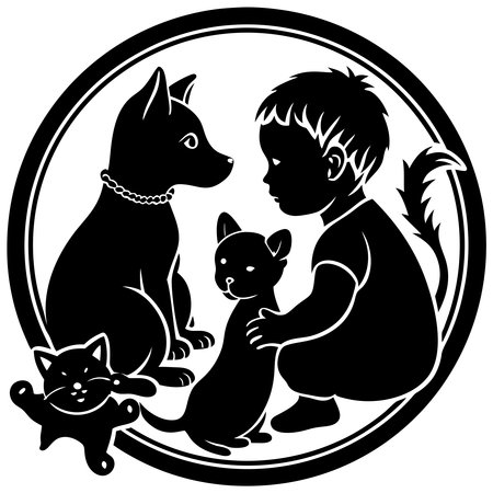 Little boy with dog and cat in circle. Black and white illustration.のイラスト素材