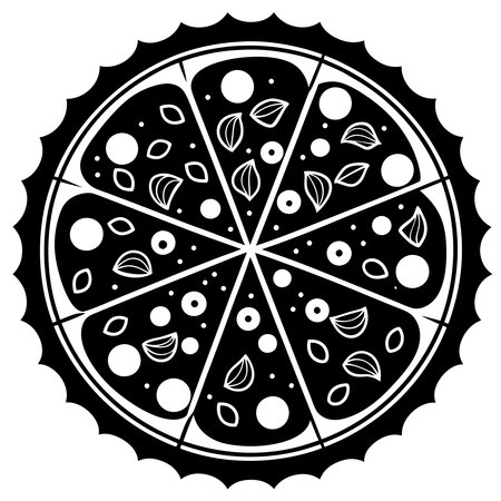 Illustration of a black and white pizza on a white background.のイラスト素材