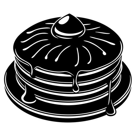 Black and white illustration of a stack of pancakes with syrup on topのイラスト素材