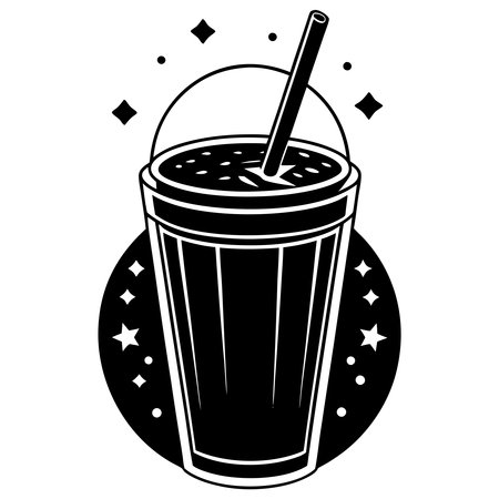 Black and white illustration of a glass of cola with a straw.のイラスト素材