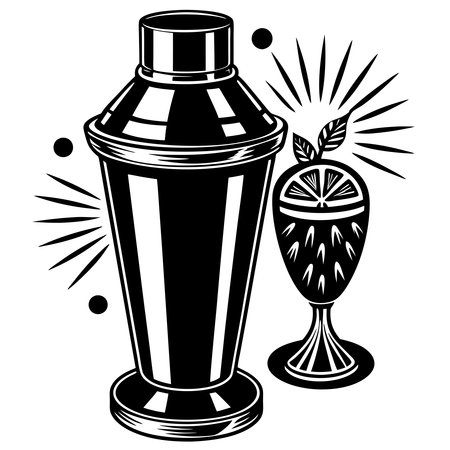 Cocktail shaker and lime. Black and white vector illustration.のイラスト素材