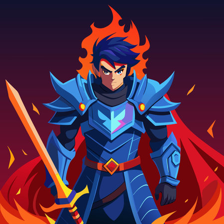 Fantasy knight with sword and shield on fire background. Vector illustrationのイラスト素材