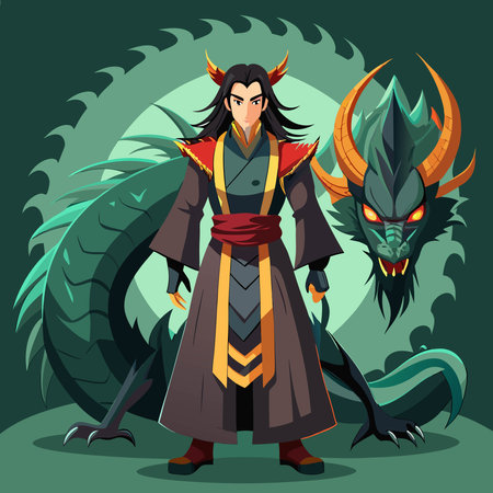 Cartoon illustration of a man in a fantasy costume with a dragonのイラスト素材