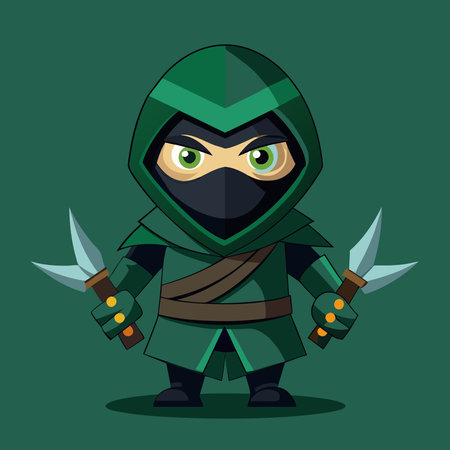 Ninja. Cartoon style. Vector illustration. Isolated on green background.のイラスト素材