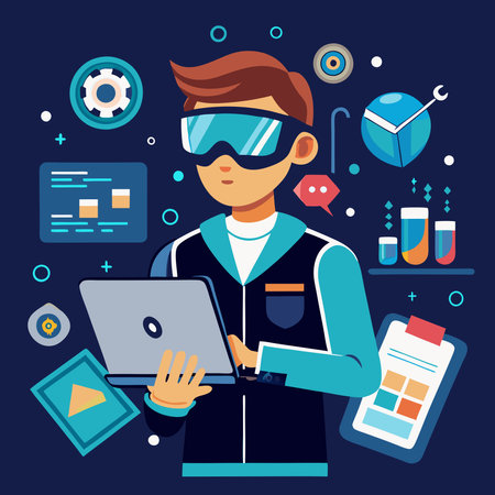 Man in virtual reality glasses working on laptop. Vector illustration in flat styleのイラスト素材