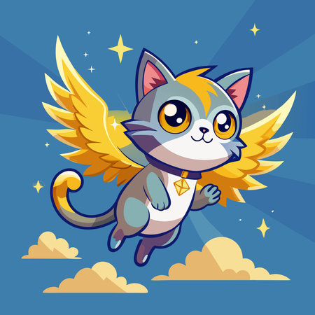 Cute cat flying in the sky with wings. Vector illustration.のイラスト素材