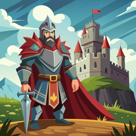 Knight with sword and shield on the background of castle. Vector illustrationのイラスト素材