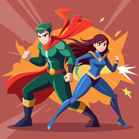 Superhero and superhero girl fight. Superhero and superhero girl vector illustrationのイラスト素材
