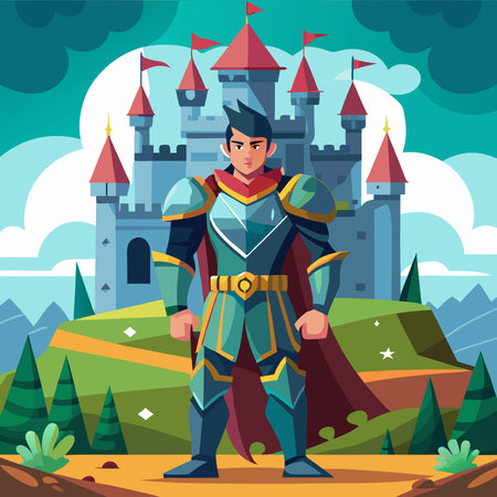 Knight in armor on the background of the castle. Vector illustration.のイラスト素材