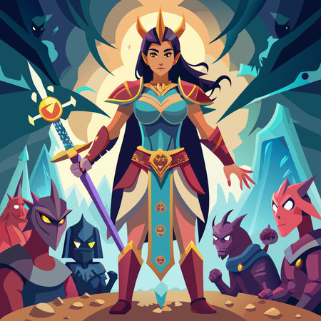 Warrior woman with sword and armor. Vector illustration in cartoon styleのイラスト素材