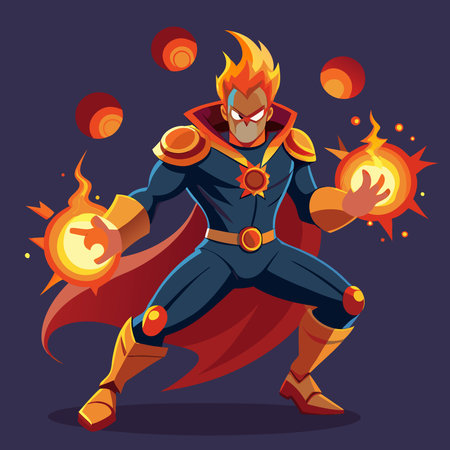 Cartoon superhero with red cape and burning lightbulbs. Vector illustrationのイラスト素材