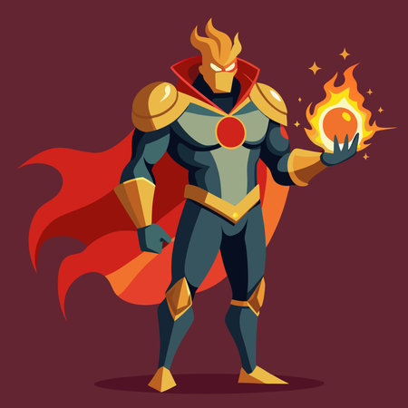 Superhero with a burning torch. Vector illustration in cartoon style.のイラスト素材