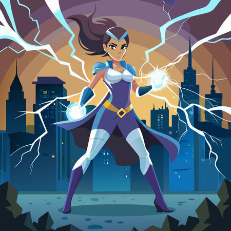 Superhero woman in the city at night. Cartoon vector illustration.のイラスト素材